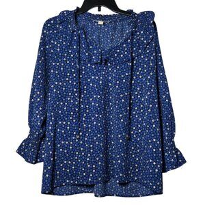 Michael Michael Kors Women Blue Floral Long Sleeve Blouse Size Large Boho Ruffle